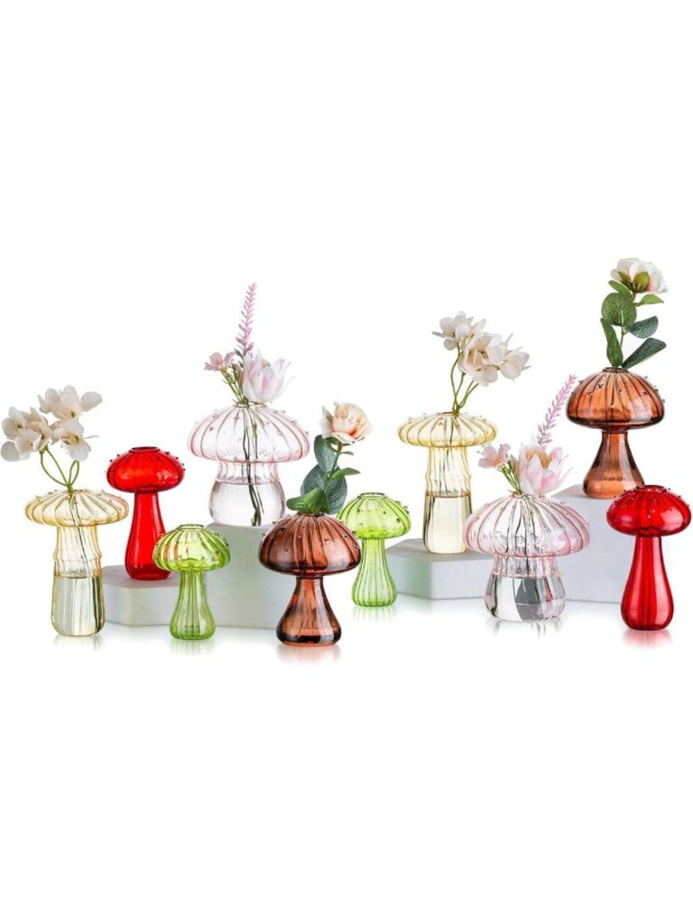 Set of 10 Colorful Mushroom Propagation Vases - Unique Mini Glass Flower Decor